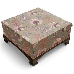 Hardwood-framed square pouffe or footstool, upholstered in floral pattern fabric, on ogee bracket feet