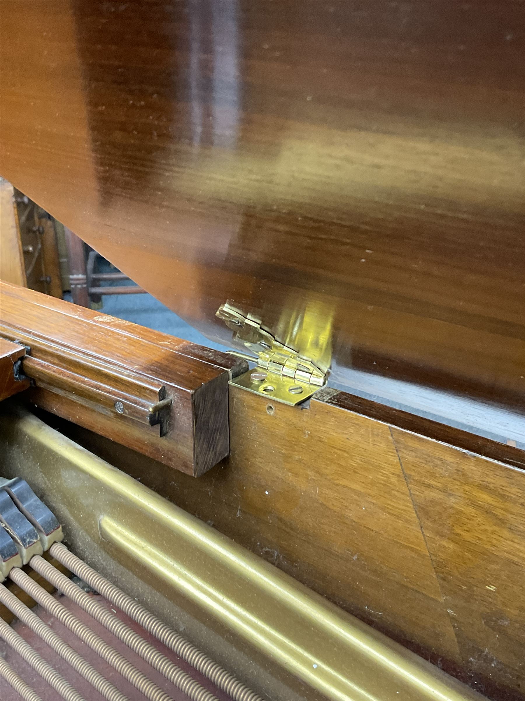  Antonin Petrof - Walnut overstrung baby grand piano, 7 0catve 85 key compass with original strings, tuning pins, damper felts and hammer heads, with roller keyboard action and iron frame, sustaining and una-corda pedals, sliding open lattice music desk, supported on square tapering legs with brass cups and castors, with inner ebonised key fall and ivorine label inscribed 'Supplied by Harrods, London'.