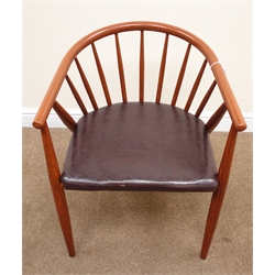  Set six tubular teak effect tub shaped armchairs, upholstered seats, tapering supports, W57cm  