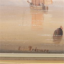 Edward King Redmore (British 1860-1941): Two Boat Scenes with Headlands, two oils on board, together with two further scenes of boats, max 17cm x 18.5cm (4) (one unframed)