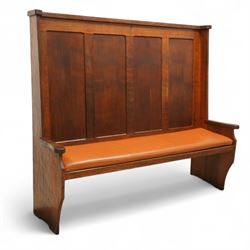 Sid Pollard of Thirsk – late 20th century adzed oak settle, tall panelled back with projec...
