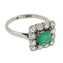 Platinum square cut emerald and diamond cluster ring, stamped Plat
