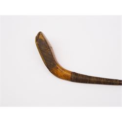 Late 19th century long nose golf club, the beech head marked F H Ayres, with horn sole plate, inset lead weight and grooved face, hickory shaft and suede leather grip, L95cm