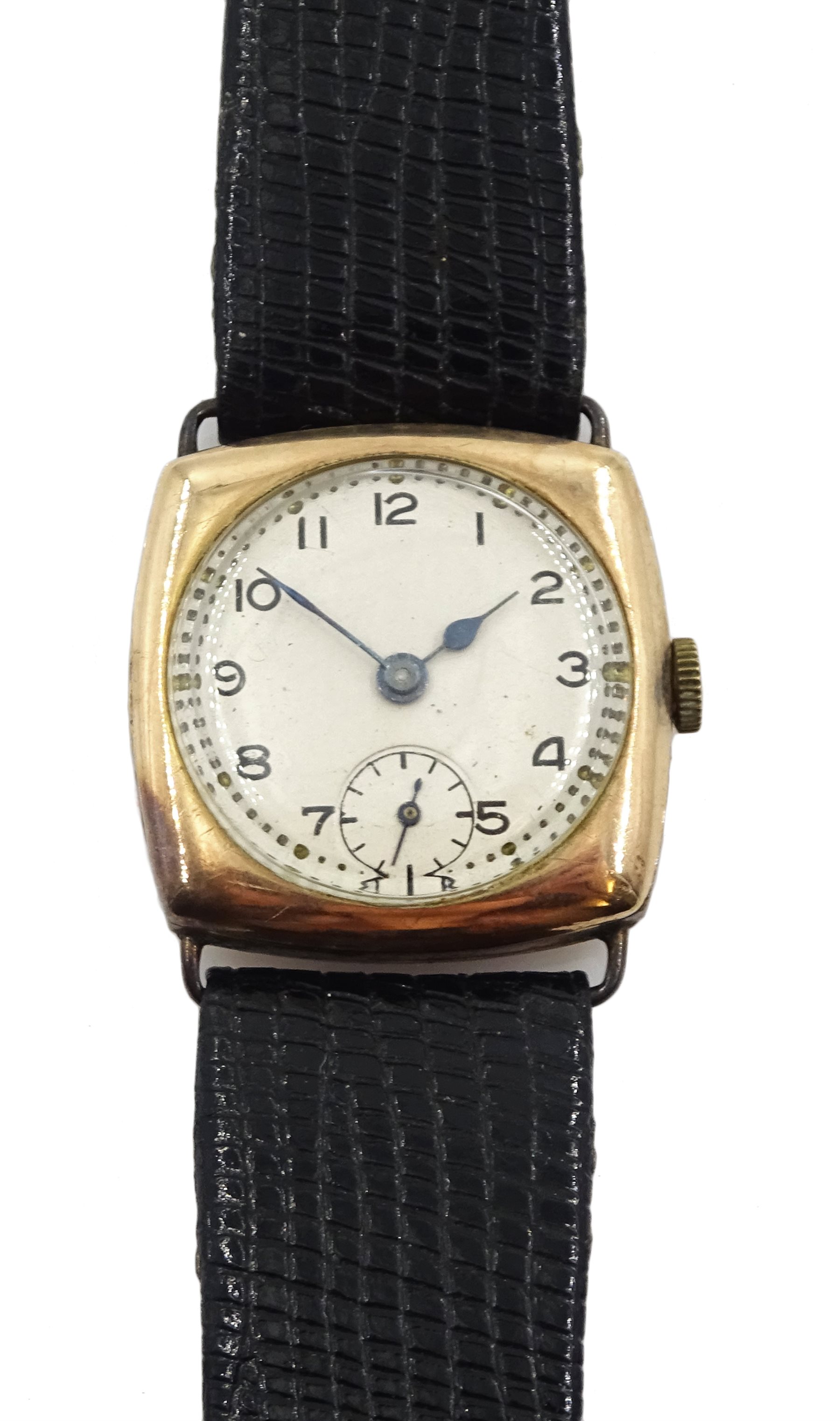 Rolex 9ct gold wristwatch case No.1087599, London import marks 1929, on leather strap