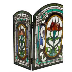 Art Nouveau design stained glass three panel fire screen, decorated with tulips and interlacing borders