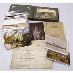  Album of 19th century and later postcards & greeting cards, collection of photographs of Steam locomotives, 1909 Royal Navy Service Certificate for John Alsop, Soldier's Release Book and other ephemera   