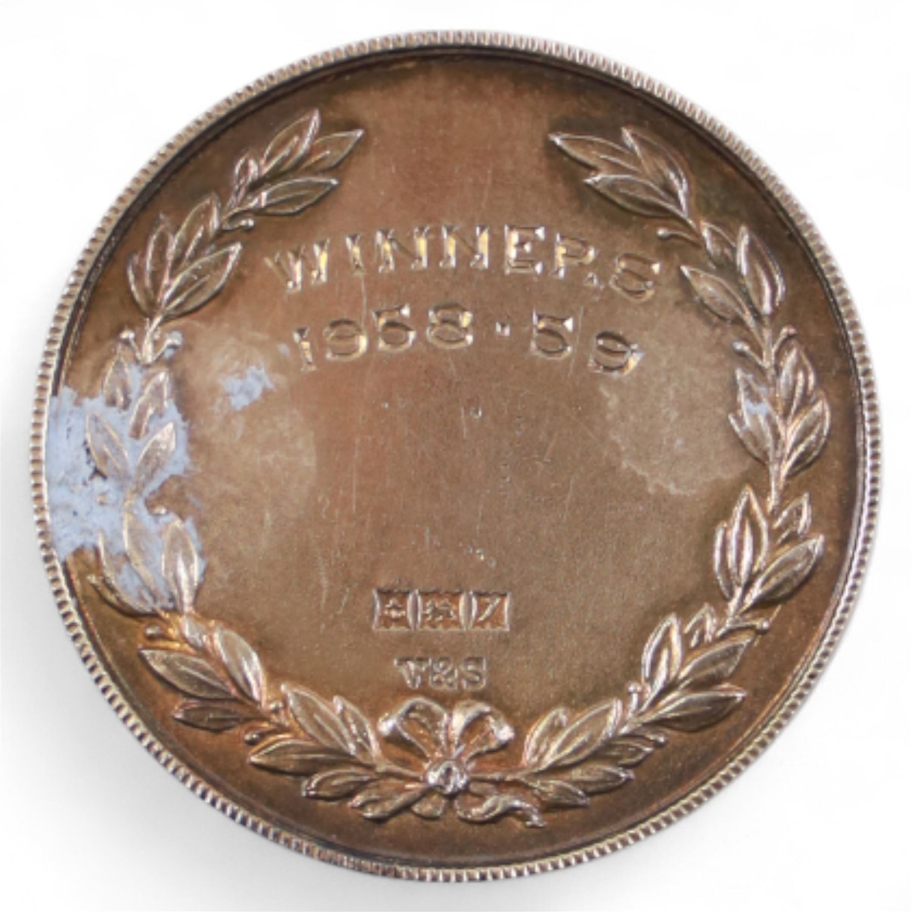 Football Combination League Championship Winners silver-gilt medal for the 1958-59 season, hallmarked Vaughton & Sons, Birmingham 1958, in tooled leather case