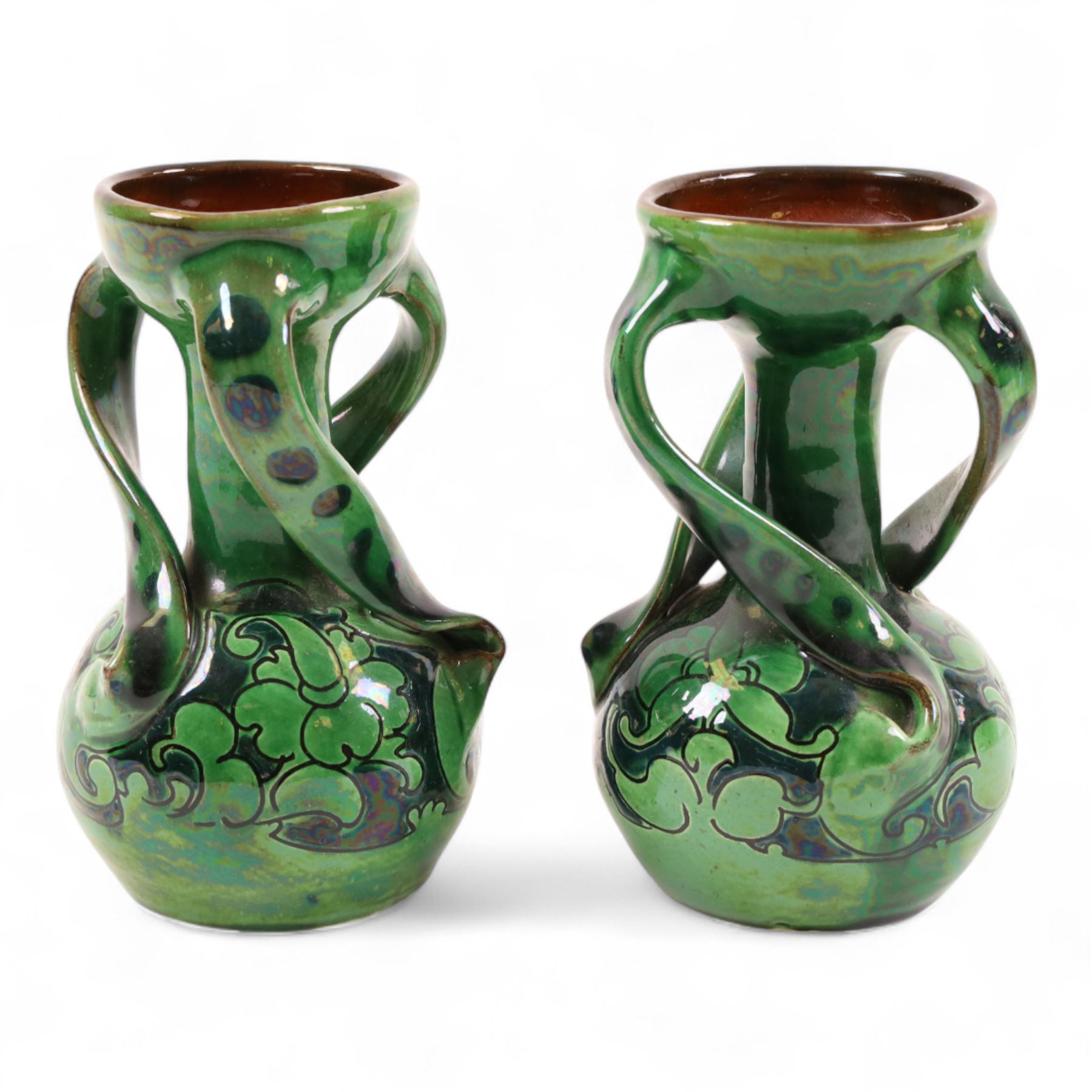 Clarice Cliff My Garden pattern jug, Burleigh Ware budgie jug and a pair of Baron of Barnstaple vases, tallest H19cm