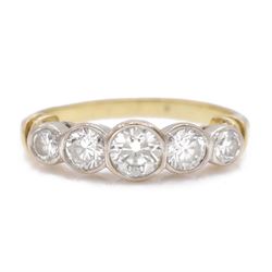 18ct diamond five stone ring, rubover set with five graduating round brilliant cut diamond...