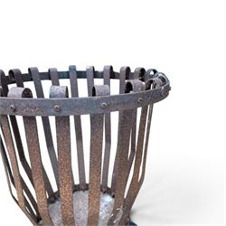 Wrought metal garden burner, circular tapering form, with circular lid converting to ash pan