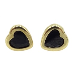 Pair of gold blue stone set heart stud earrings, stamped 9K