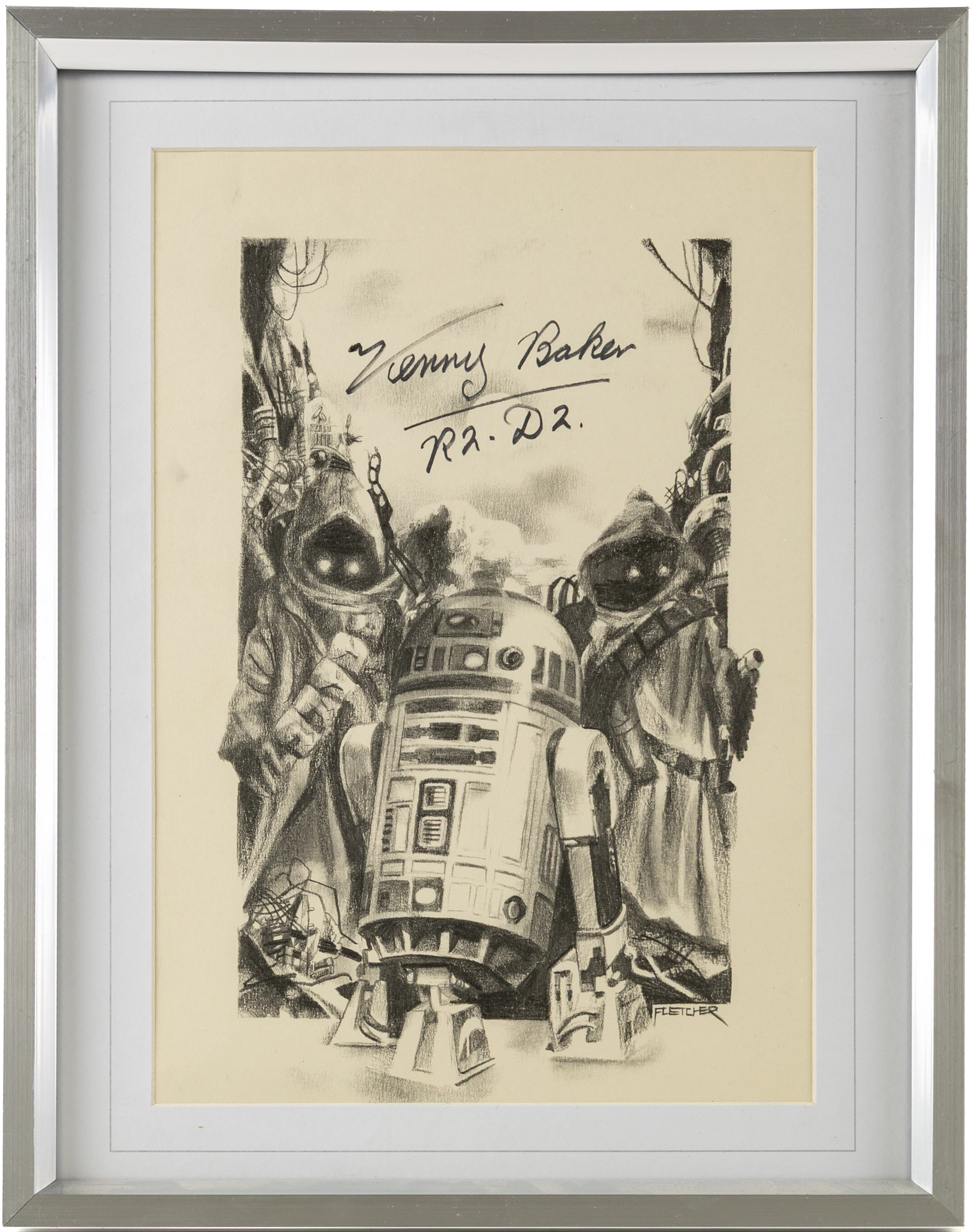 Signed Star Wars prints, comprising Rogue One Cineworld poster signed by Spencer Wilding (Darth Vader), portrait of Lando Calrissian signed by Billy Dee Williams, still of Boba Fett and Jango Fett signed by Daniel Logan and Temuera Morrison and a still of Darth Maul signed by Ray Park, R2-D2 signed by Kenny Baker and a C-3PO montage signed by Anthony Daniels, all framed 