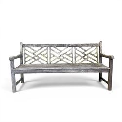 Plantation teak garden bench, triple lattice with slatted seat
