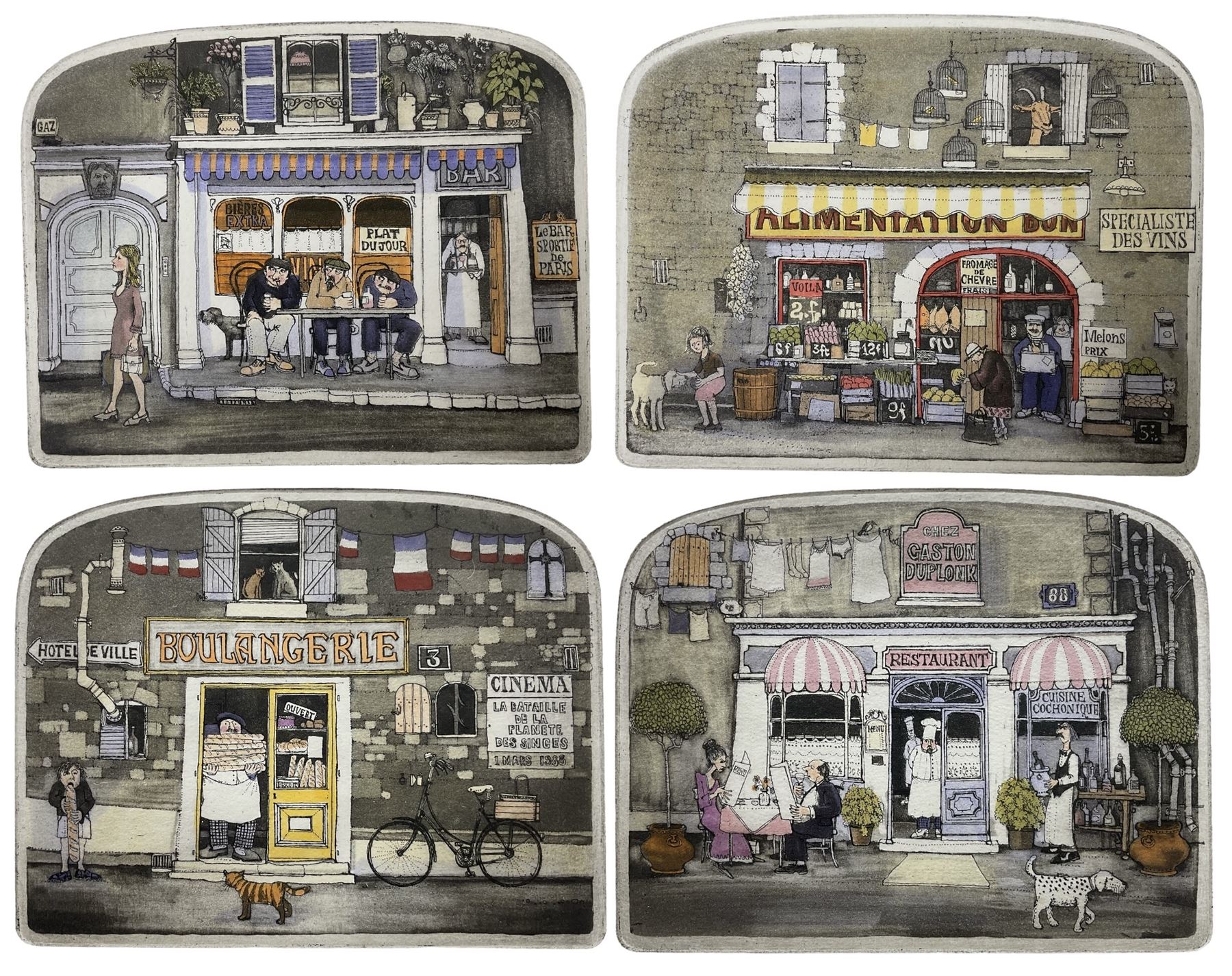 Graham Clarke (British 1941-): 'A La Carte' 'Bon Appetit' 'Voila' and 'Plat du Jour', set of four limited edition hand coloured etchings signed titled and numbered in pencil 13.5cm x 17cm (unframed) (4)