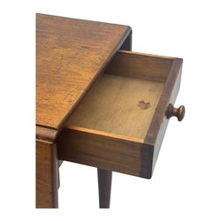 Georgian design mahogany drop-leaf table, rectangular top above a single drawer with brass handle, square supports united by arched undertier, on brass castors (W62cm, D65cm, H72cm); and a smaller mahogany drop-leaf table with single drawer on turned supports (W43cm, D61cm, H72cm)