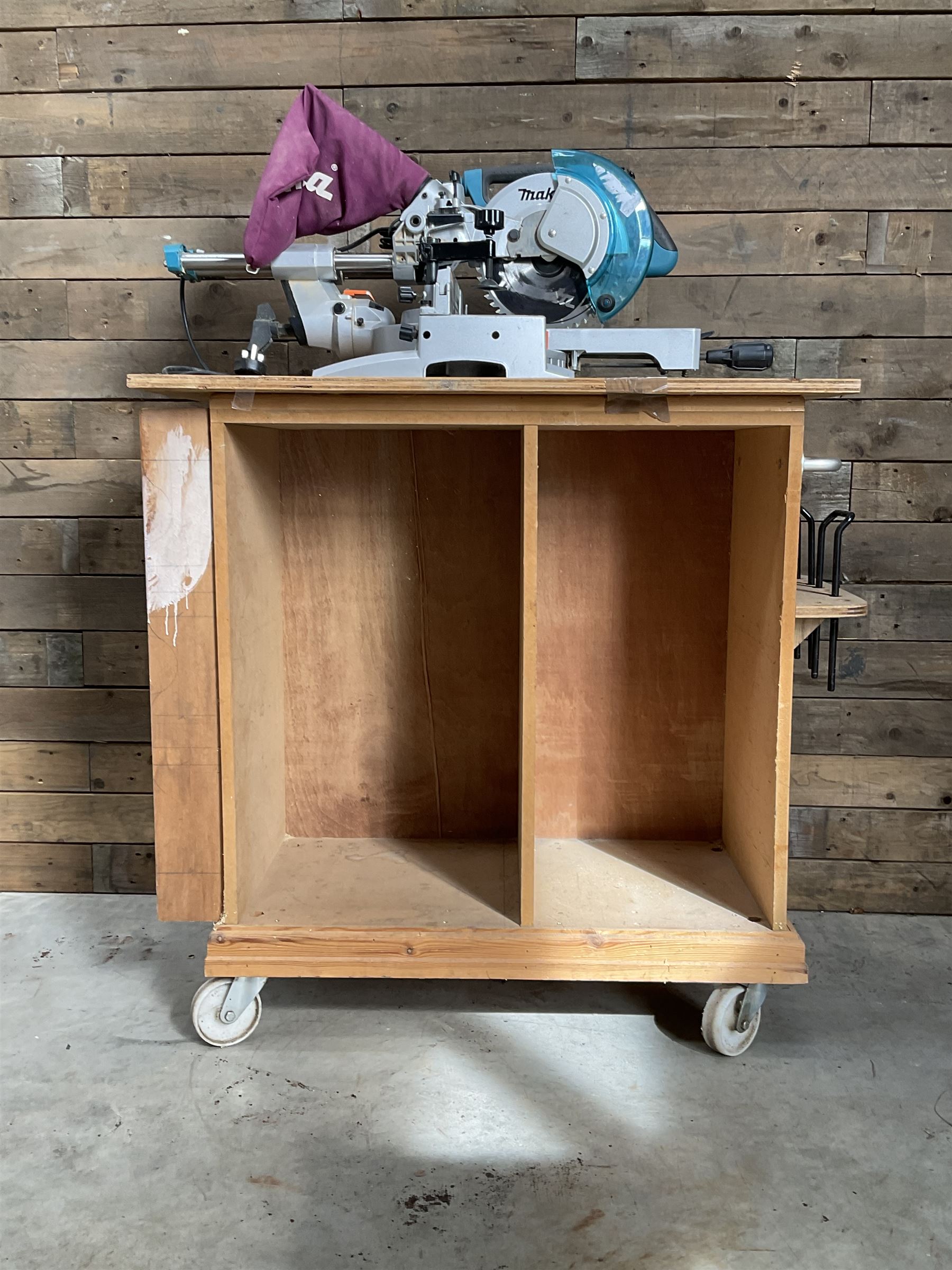 Makita LS0815FL chop saw, with wooden trolley