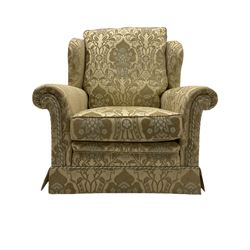 Steed Kedleston three seat sofa, and matching wing back armchair, upholstered in pale gold fabric
