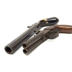 Mid-19th century percussion cap side-by-side double barrel pocket pistol with 7.5cm octagonal barrels and walnut bag stock L21.5cm; and Belgian 16-bore percussion cap pocket pistol with 16cm octagonal barrel, folding trigger and black painted wooden stock L27.5cm (2)