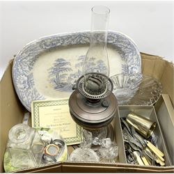 Wedgwood Wind In The Willows  collectors plates, glass decanter and a selection of glassware, oil lamp, Blue and white platter,  a range of flatware.  
