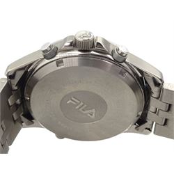 Pulsar ion-plated stainless steel 100m chronograph quartz wristwatch, model No. YM92-X243, Accurist stainless steel alarm chronograph quartz wristwatch and a Fila stainless steel 200m chronograph quartz wristwatch, all boxed 