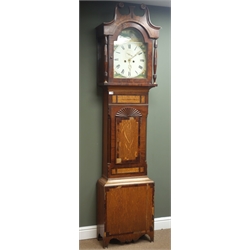  19th century mahogany crossbanded oak longcase clock, arched painted dial with subsidiary seconds dial, 8-day movement striking the hours on a bell, H225cm  