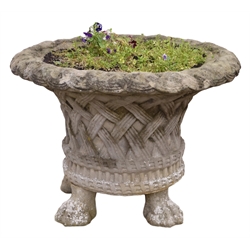  Large composite stone garden urn, bell shaped lattice moulded body with flared rim, on four paw feet, D88cm, H86cm,   