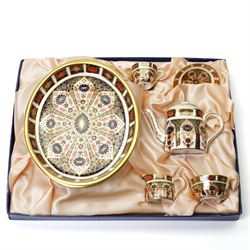 Royal Crown Derby Imari 1128 pattern miniature tea set, boxed, tray W19cm, teapot H7.5cm