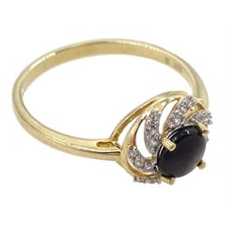9ct gold black star sapphire and white zircon openwork flower head cluster ring, hallmarked 