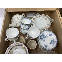 Portmeirion Botanic Garden jug, Poole Pottery planter, Denby coffee pot, Wedgwood Jasperware trinket box, Le Creuset oven dish and a collection of other ceramics, etc, in four boxes 