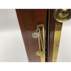 Thornton Pickard folding plate camera in mahogany and lacquered brass, no.529946 and no.529947, field model with canvas wrapped box, three mahogany photographic plates, 'Busch's Portrait Aplanat No4 Foc.14inc' lens and a wooden tripod