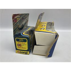 Corgi - die-cast model of James Bond Aston Martin DB5 No.271 with silver body and red interior, gold bumpers and four-spoke wheels, James Bond and two bandit figures; original window box with header card; and Dinky Shado 2 Mobile with one missile No.353; in window box (2)