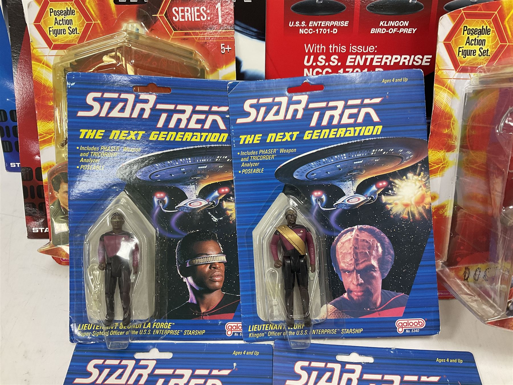 Star Trek - Eaglemoss Official Starships Collection three unopened issue No.1 and Issue No.2; five boxed Fabbri metal figures; and four carded action figures; together with Dr. Who - Eaglemoss Official Figurine Collection unopened Issue No.1; Dr. Who Monster Invasion parts 2 & 3, both unopened; four Dapol carded Dr. Who action figures and two others.