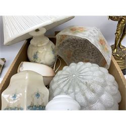 Brassed lamp modelled as a male with basket and fruit after Rancoulet, Tiffany style table lamp, brass table lamp, glass shades etc