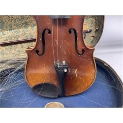 Czechoslovakian violin c1920 with 36cm two-piece maple back and ribs and spruce top, bears label 'Copy of Antonius Stradivarius Made in Czechoslovakia' L59cm; in carrying case; 1950s Czechoslovakian violin; and 195os Czechoslovakian three-quarter size violin; both cased (3)