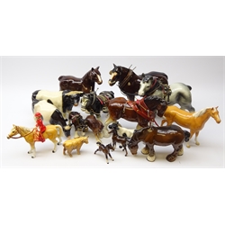  Beswick Palomino Horse, two Beswick bay foals, ceramic Shire Horses, mostly with harnesses, Coopercraft cattle and other ceramic animals   