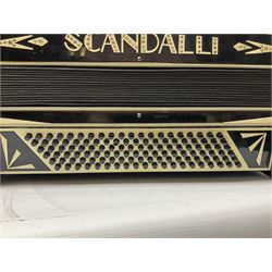 Scandalli Vibrante Three piano accordion in Art Deco black and white case with jewelled decoration, twenty-four keys and one-hundred and twenty buttons; inscribed '5700 Camerano Italia'; serial no.3414 L54cm; in carrying case with strap