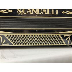 Scandalli Vibrante Three piano accordion in Art Deco black and white case with jewelled decoration, twenty-four keys and one-hundred and twenty buttons; inscribed '5700 Camerano Italia'; serial no.3414 L54cm; in carrying case with strap