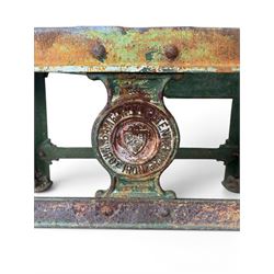 19th century heavy cast iron garden / machine table base, by Henry Bamford & Sons, with plaque, no. 3374, part of the JCB family