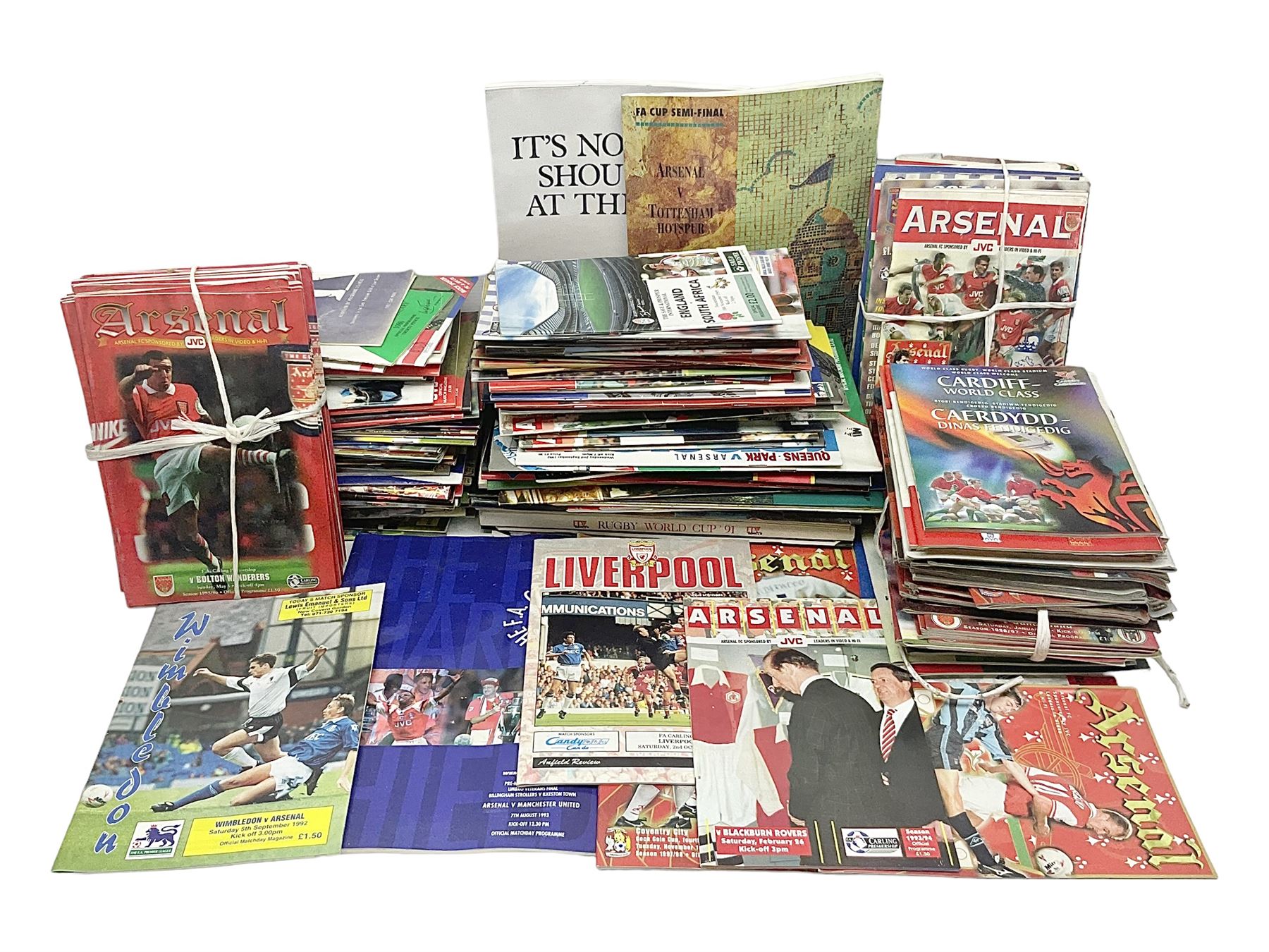 Quantity of mostly football programmes including Wimbledon vs Arsenal Saturday 5th September 1992, Arsenal FC vs Blackburn Rovers Saturday February 26th season 1993/94, Liverpool vs Arsenal Saturday 2nd October 1993, The F.A. Charity Shield Arsenal vs Manchester United 7th August 1993 etc