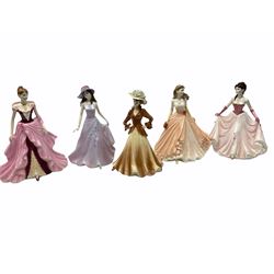 Royal Doulton figure, April-Dimond HN4973, with box, together with eight Coalport figures, comprising  Janet, With Thanks, Fay, Emma, Happy Birthday, Mary, Ladies of Fashion Joan, and Congratulations, seven with boxes. 