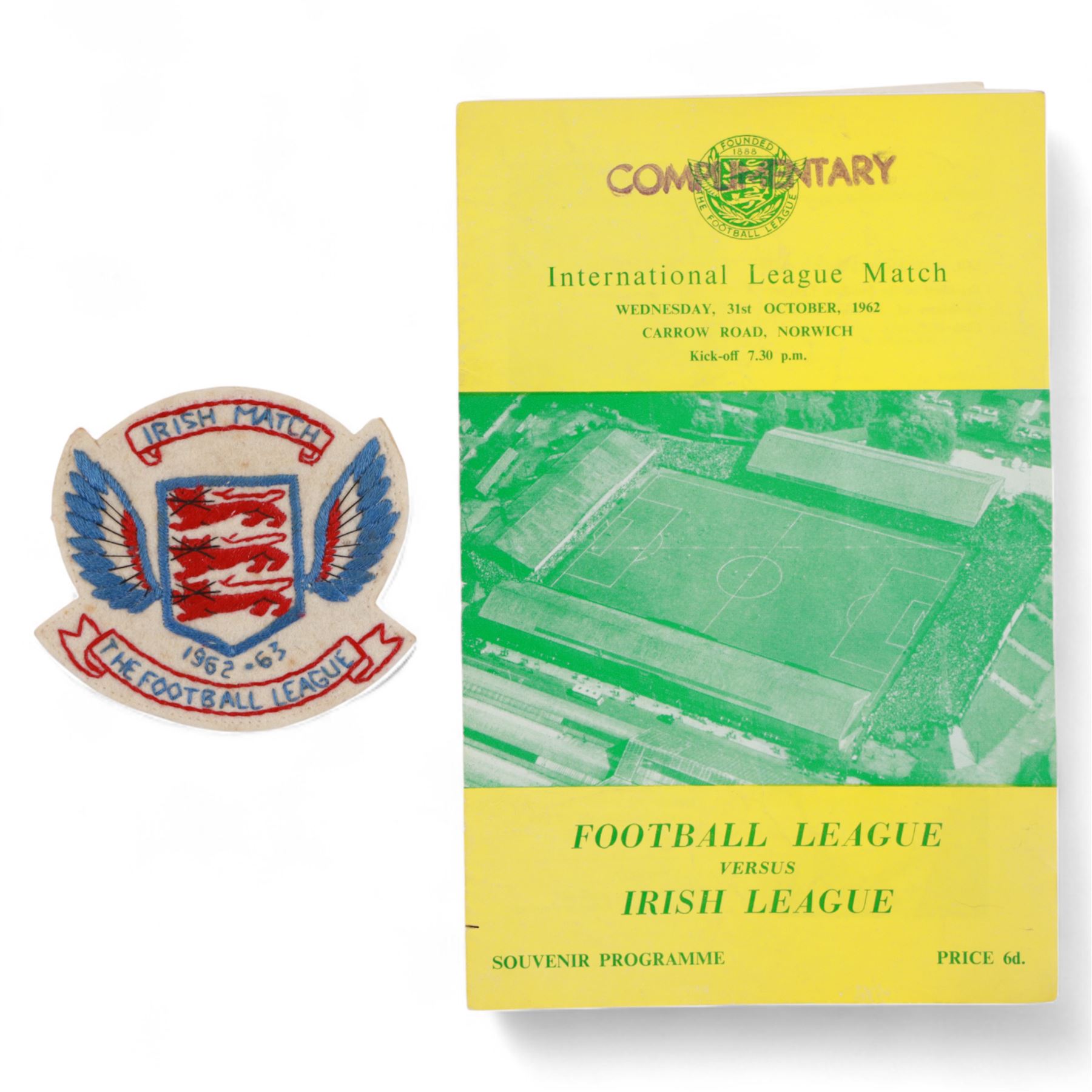Football League Representative Match silver-gilt medal, inscribed verso 'The Football League versus The Irish Football League at Norwich 31st October 1962', awarded to Colin Appleton, hallmarked Vaughton & Sons, Birmingham 1962, in tooled leather box with matchday programme and embroidered badge