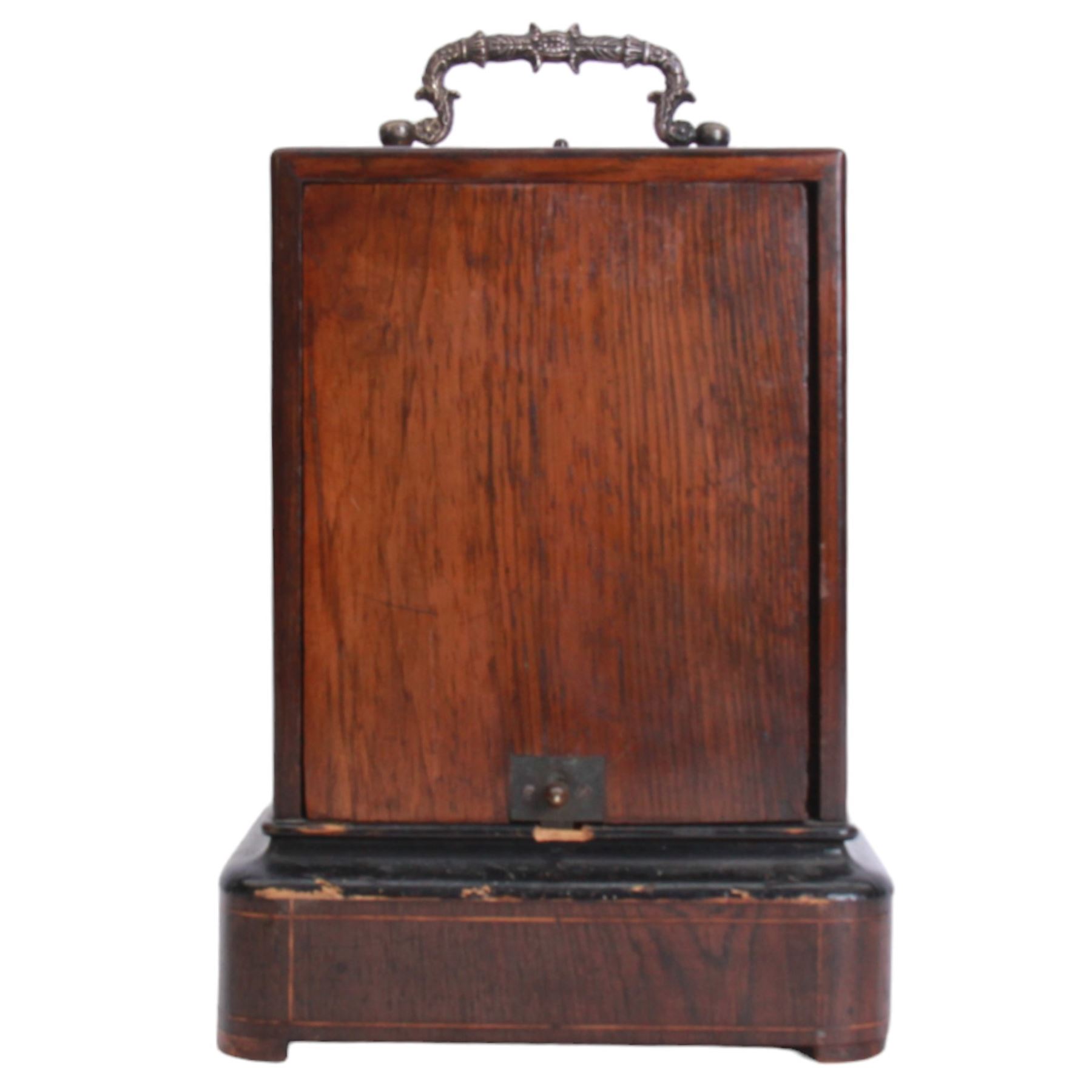 Henry Marc of Paris -  mid 19th century 8-day Pendule d'officier campaign clock in a rosewood veneered case with contrasting floral and leaf inlay and ebonised moulding, rectangular case with a brass carrying handle and sliding glass panel to the silvered sheet dial, chapter ring with Roman numerals, minute track and steel trefoil hands, with a single train timepiece movement and silk suspension. With pendulum and key. 