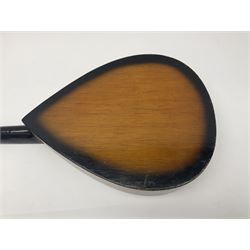 French mandolin with segmented lute back and mother-of-pearl inlaid spruce top; bears label for 'Jerome Thibouville-Lamy & Cie Paris L60cm; and another unmarked flat-back mandolin; both for completion (2)