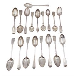 Georgian and later mostly Fiddle pattern silver teaspoons, including an example by William Bateman and an Exeter silver example, all hallmarked with various dates and makers 