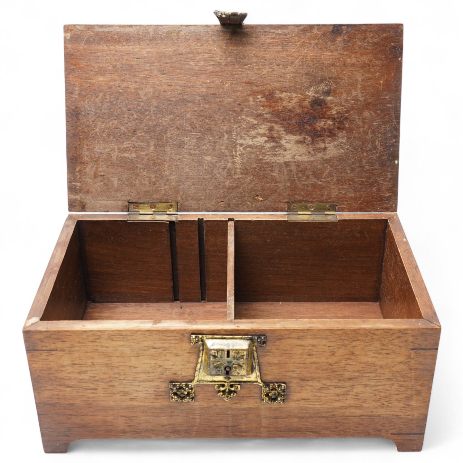 Late 19th/ early 20th century gothic brass bound box L27cm, early to mid 20th century African oil on board, possibly Republic of the Congo, indistinctly signed, together with a watercolour of Rome by Lucy Rice, signed (3)