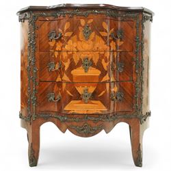 French Louis XV design serpentine fronted rosewood and fruitwood commode, the later shaped mahogany top over  three drawers, inlaid with a floral marquetry urn and flowers, within ormolu mounted borders, the sides inlaid with matching bouquet marquetry, raised on bracket feet