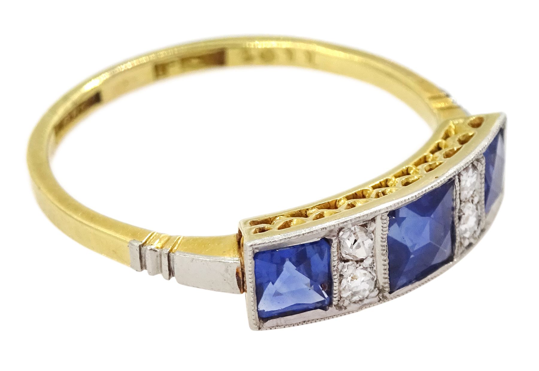 Art Deco 18ct gold milgrain set three stone French cut sapphire and four stone old cut diamond ring by R. Bros, stamped, total sapphire weight approx 1.00 carat