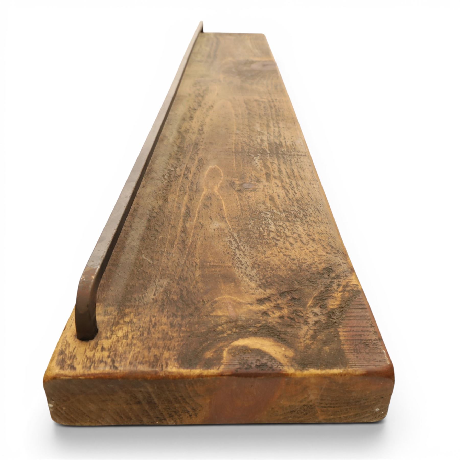 Pair of rustic pine shelves with metal brackets