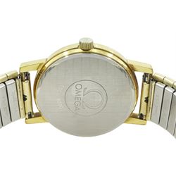 Omega gentleman's gold-plated and stainless steel manual wind wristwatch, Ref. 136.0104, Cal. 1030, silvered dial with baton hour markers and date aperture, on expanding gilt strap, boxed