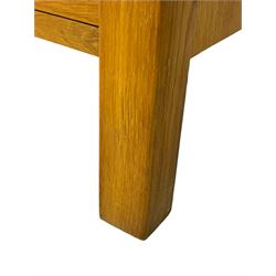 Laura Ashley - contemporary Milton oak display cabinet, featuring single door with two glass panels and pewter effect handle, enclosing one fixed oak shelf and two adjustable glass shelves, access hole at the bottom shelf, over single drawer with matching handle, on square legs